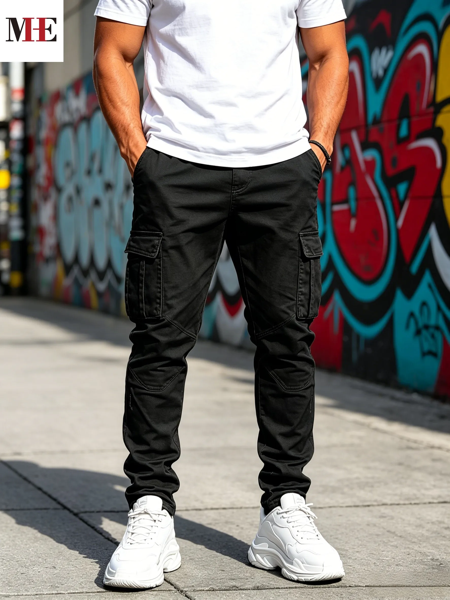 HME Functional Casual Denim Pants, Black Long Denim Pants with Biker Knee Cut & Cargo Splice for Hip Hop Daily Outfits