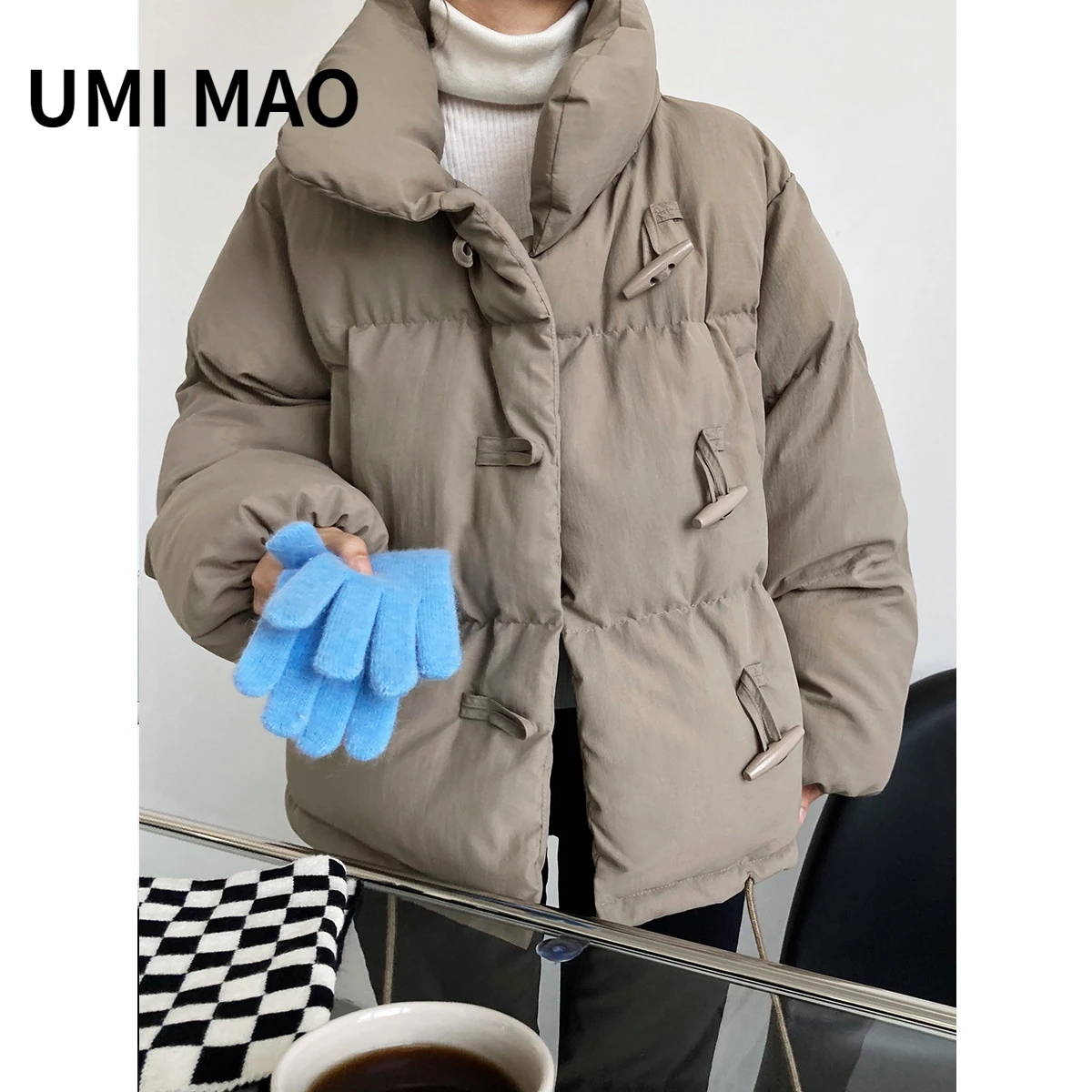 UMI MAO Horn Button Padded Jacket Women's Short Trendy Winter 2023 New Fashion Bread Coat Veste Hiver Femme Y2K