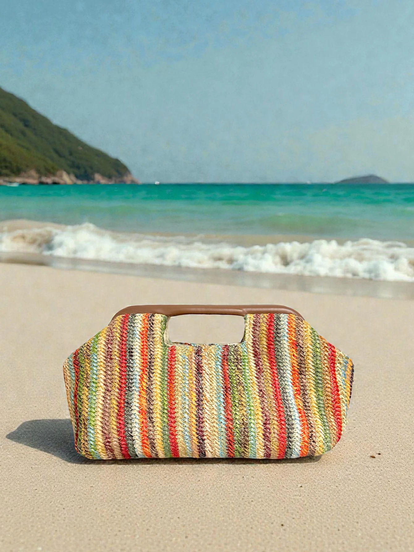 2026 New Colorful Striped Straw Woven Clutch Bag, Women's Summer Vacation Style Handbag, Fashionable Versatile Beach Tote Bag (Pattern Random)