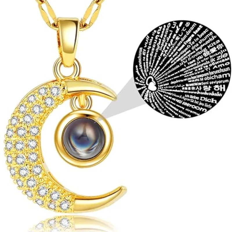 [Titanium Steel] One Hundred Languages I Love You Necklace Women\'s Moon Projection Clavicle Chain Titanium Steel Chain