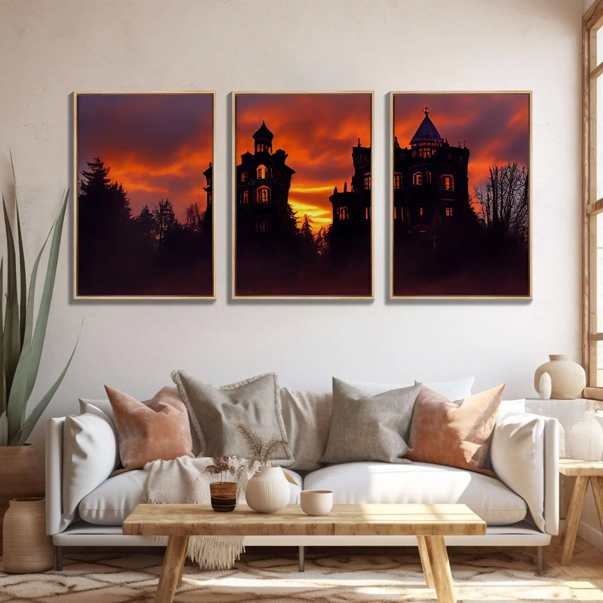 3pcs frameless Canvas Painting Set of 3 Gothic Castle Sunset Silhouette Canvas Printing Art Posters, Dark Vintage Forest Manor O