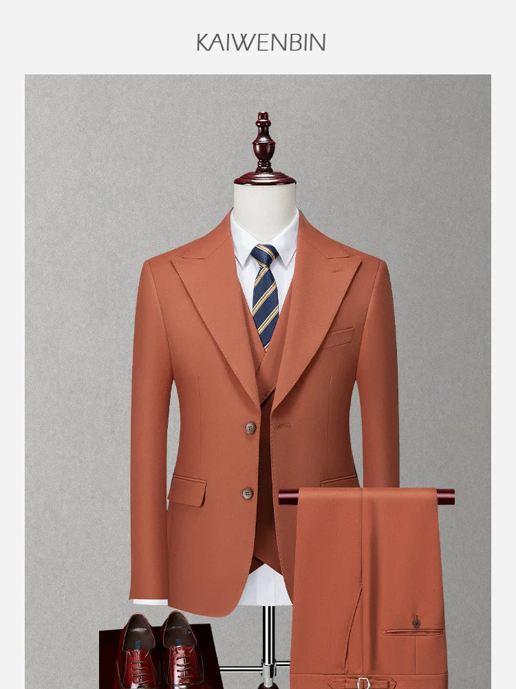 Men's Suit Orange Wool Vintage Peak Lapel Half Canvas Melad Caramel Color Luxury Premium Outfit for Banquet  Wedding Party