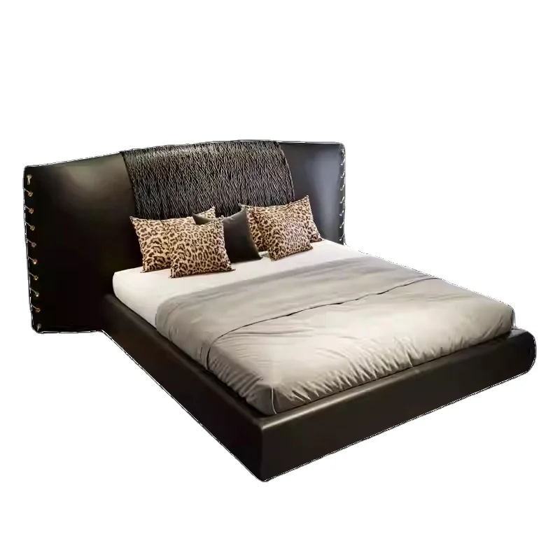 

# Curved Patchwork Headboard Leather Bed for Bedroom, Plush Soft Bed with Metal Strap Detail & Vintage Luxury Style