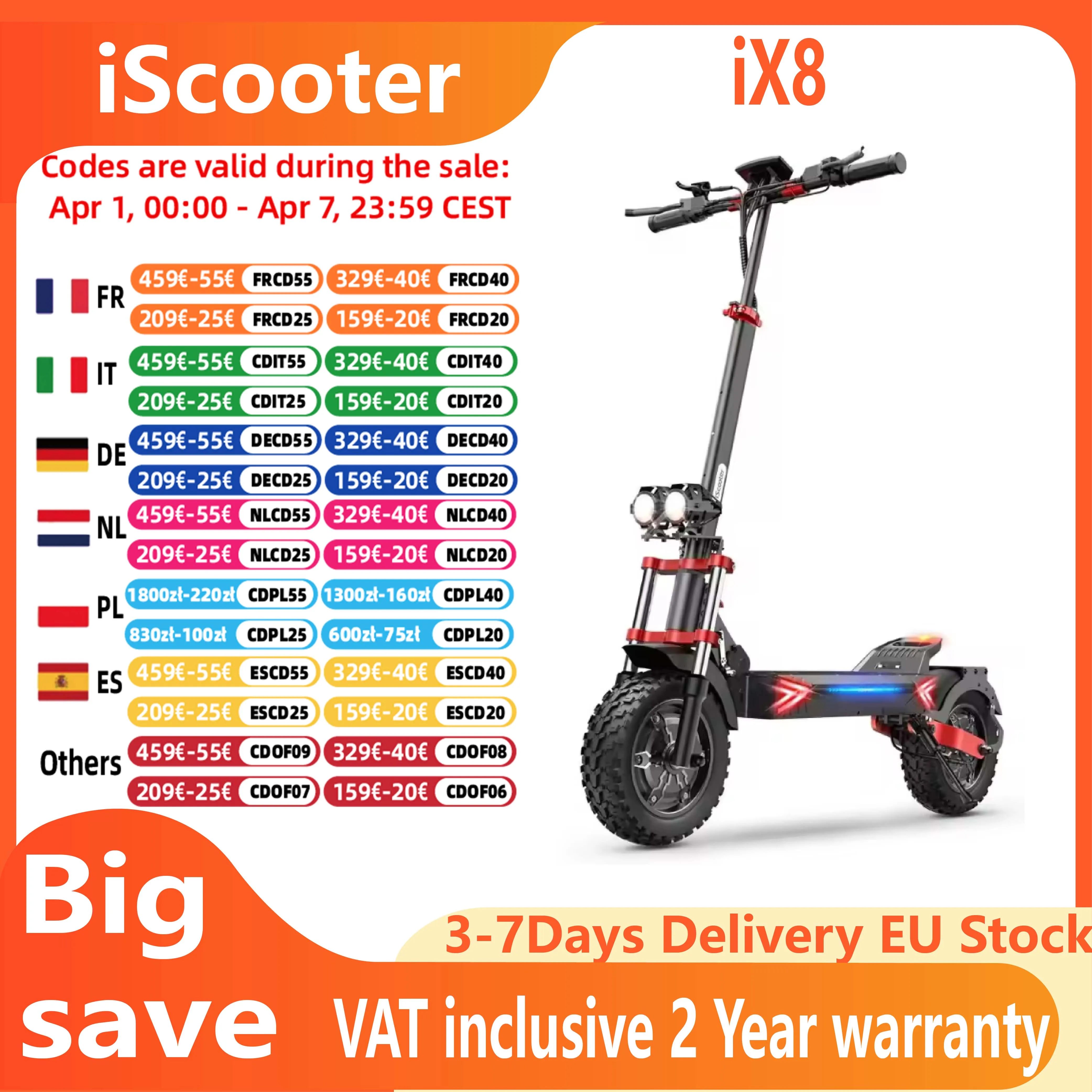 Trottinette électrique tout-terrain iScooter iX8, moteur 2400W, type tout-terrain, batterie 48V20Ah, roues de 12 pouces.