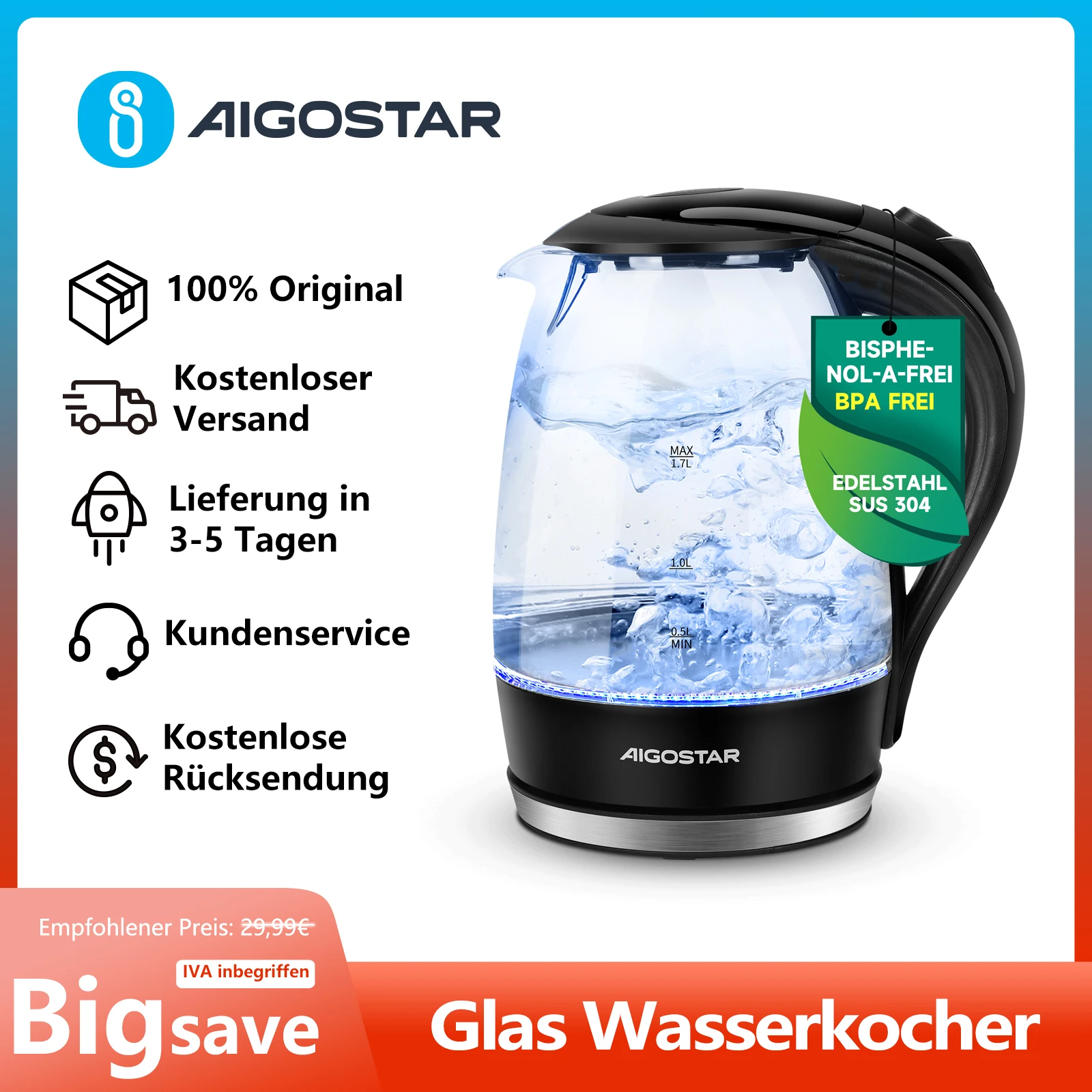 Aigostar Wasserkocher Glas 1，7 Liter， 2200 Watt， LED-Beleuchtung， 100% BPA Frei， Verdicktes Borosilikatglas Wasserkocher mit Kalkfilter， 360° Edelstahl Sockel， Trockenaufschutz， Schwarz