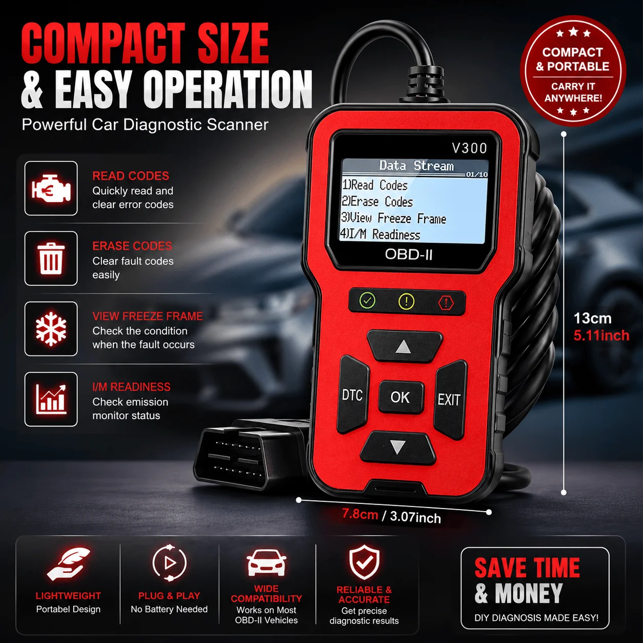 V300 OBD Scanner Car Diagnostic Tool with Color Screen Auto Scanner for Cars Code Reader Check Engine Light Fix OBD2 Scanner