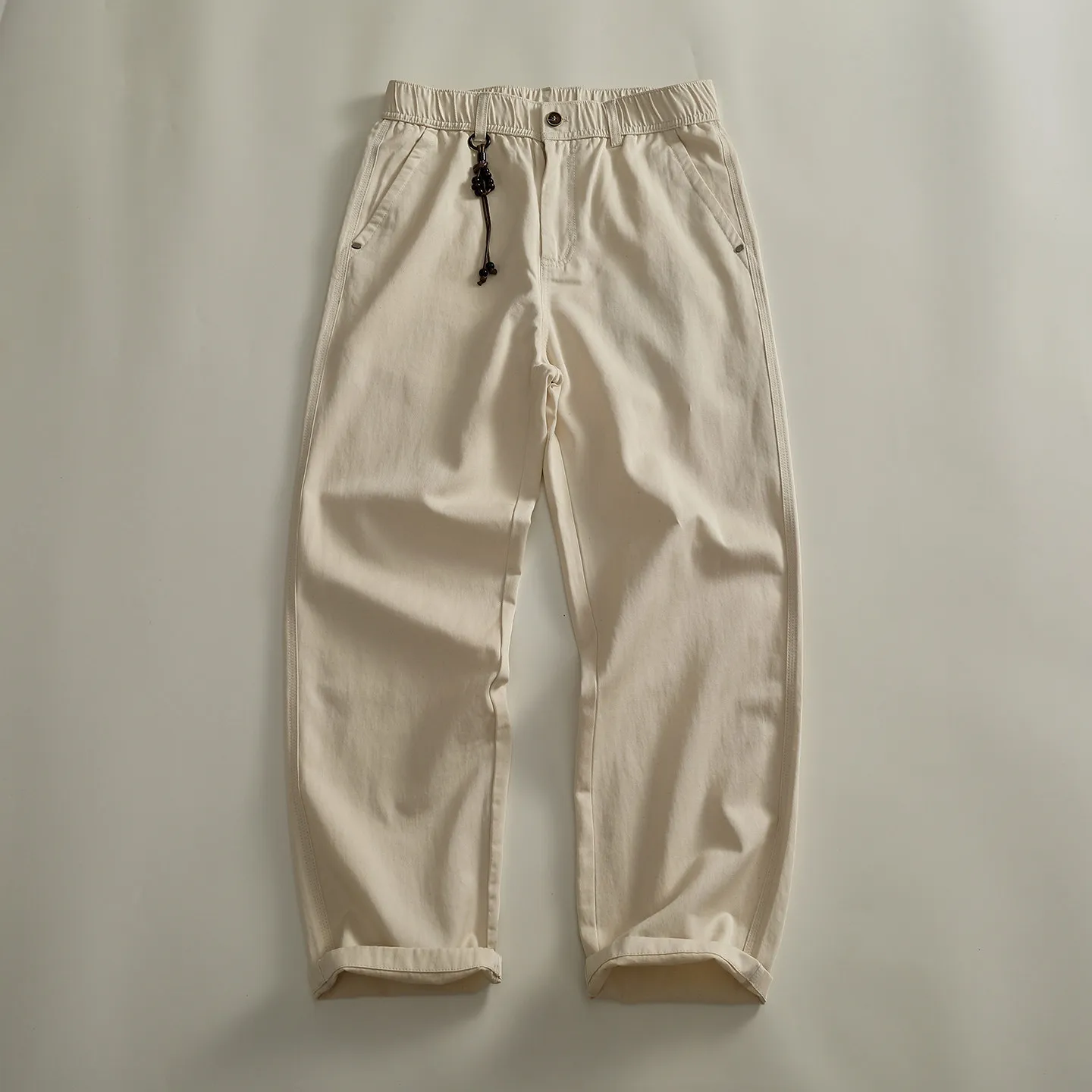 Simple workwear style men's breathable casual trousers Lyocell blended fabric semi-elastic waist loose wide trousers