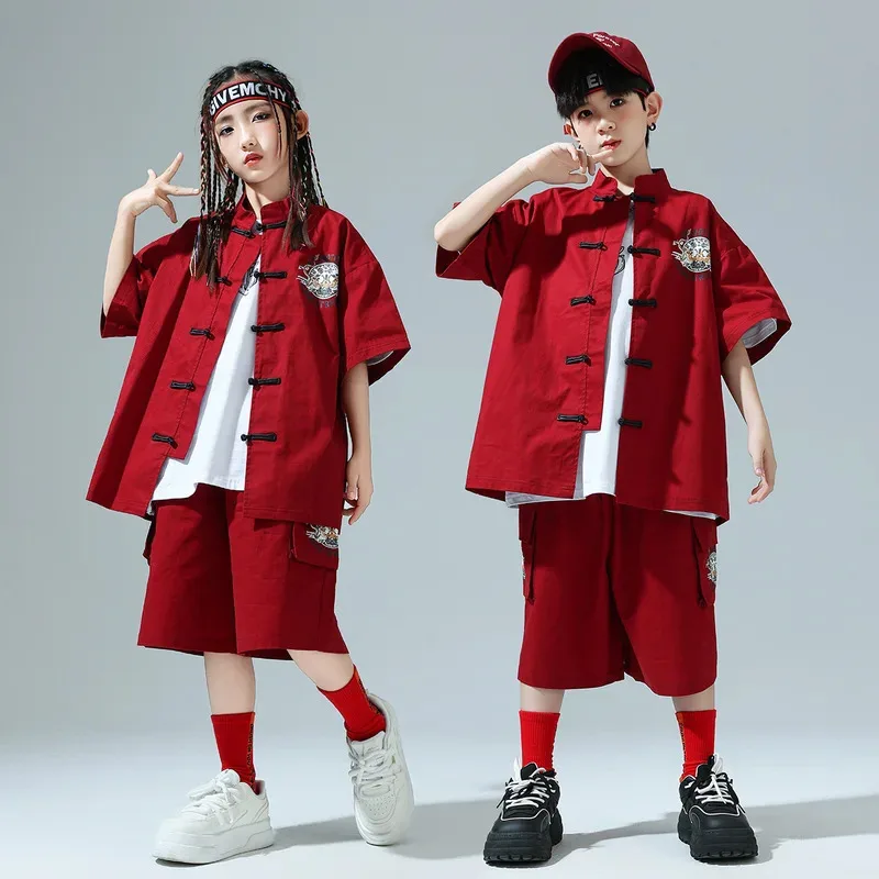 

COSda@Kids Kpop Hip Hop Clothing Chinese Style Costume Red/Black Streetwear Sets for Girls Boys Jazz Dance Costume ClothesCOSda@