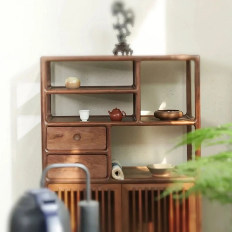 Nuevo estilo chino, armario para té de nogal negro de América del Norte, estilo Song, sala de té Zen estética, muebles de armario de madera maciza