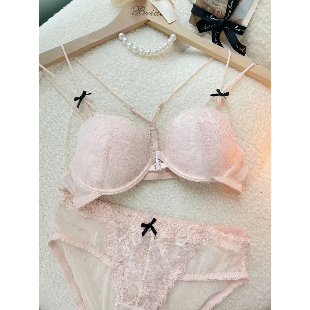 Ladies Thin Strap Lace Front Fasten Bra Set Wireless Bow Cross Back Small Bust Push Up Elegant Comfort Brassiere 32-38AB Bra Set