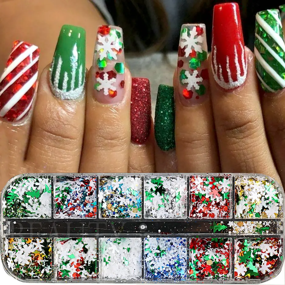 Merry Christmas Flakes Nails Art Glitter Green Red Xmas Sequins White Snowflakes Stars Paillette Winter Manicure Decoration #SDF