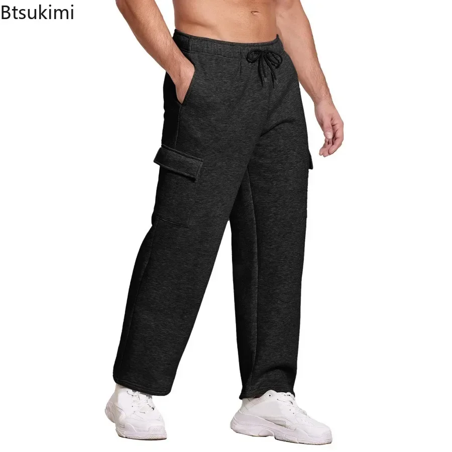 2025 Men's Fleece Thick Casual Trousers Autumn Winter Warm Drawstring Sweatpants Multi Pockets Loose Straight Joggers Pants Male