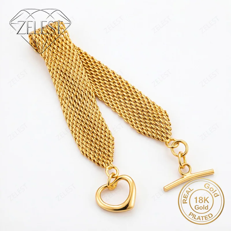 925 Sterling Silver 18K Gold Plated 8 Inch Delicate Braided Heart Bracelet Women's Fashion Wedding Party Jewelry