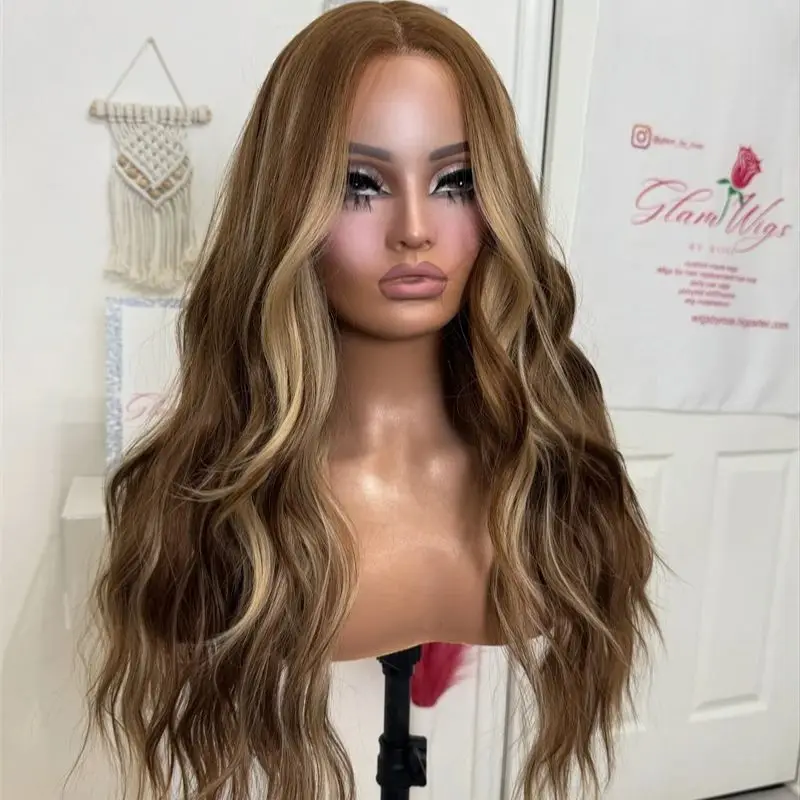 

Высококачественный синтетический парик со свободной частью Ombre Коричневый блондин HD Парик фронта шнурка Натуральный реалистичный парик для повседневной прически 28 дюймов