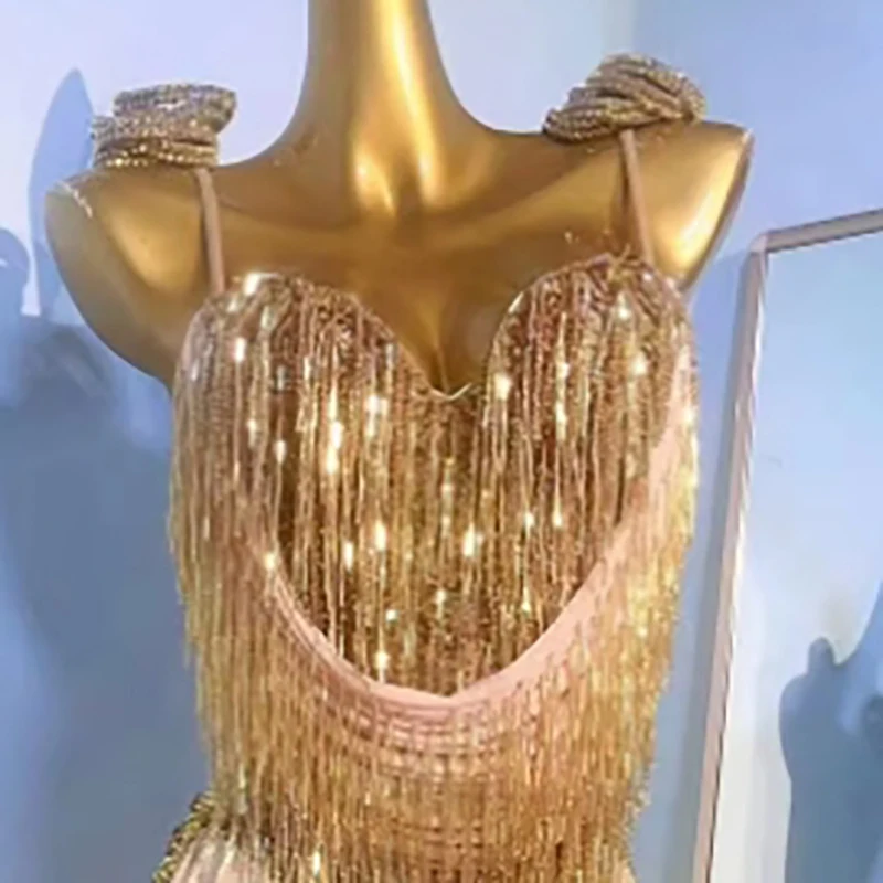 Latin danswedstrijd dames high-end op maat gemaakte gouden kraal buis plooirok Samba prestaties strass kledingjurk