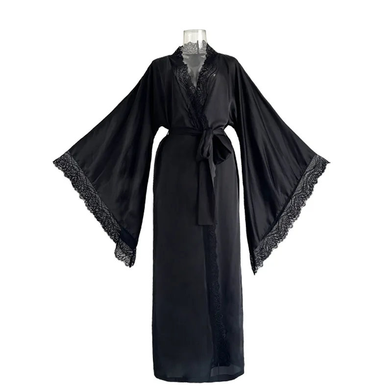 Jubah Kimono Solid Panjang Gaun Jubah Mandi Tambal Sulam Renda Seksi Wanita Pakaian Tidur Lengan Flare Pakaian Tidur Jubah Pernikahan Pengantin Pakaian Santai