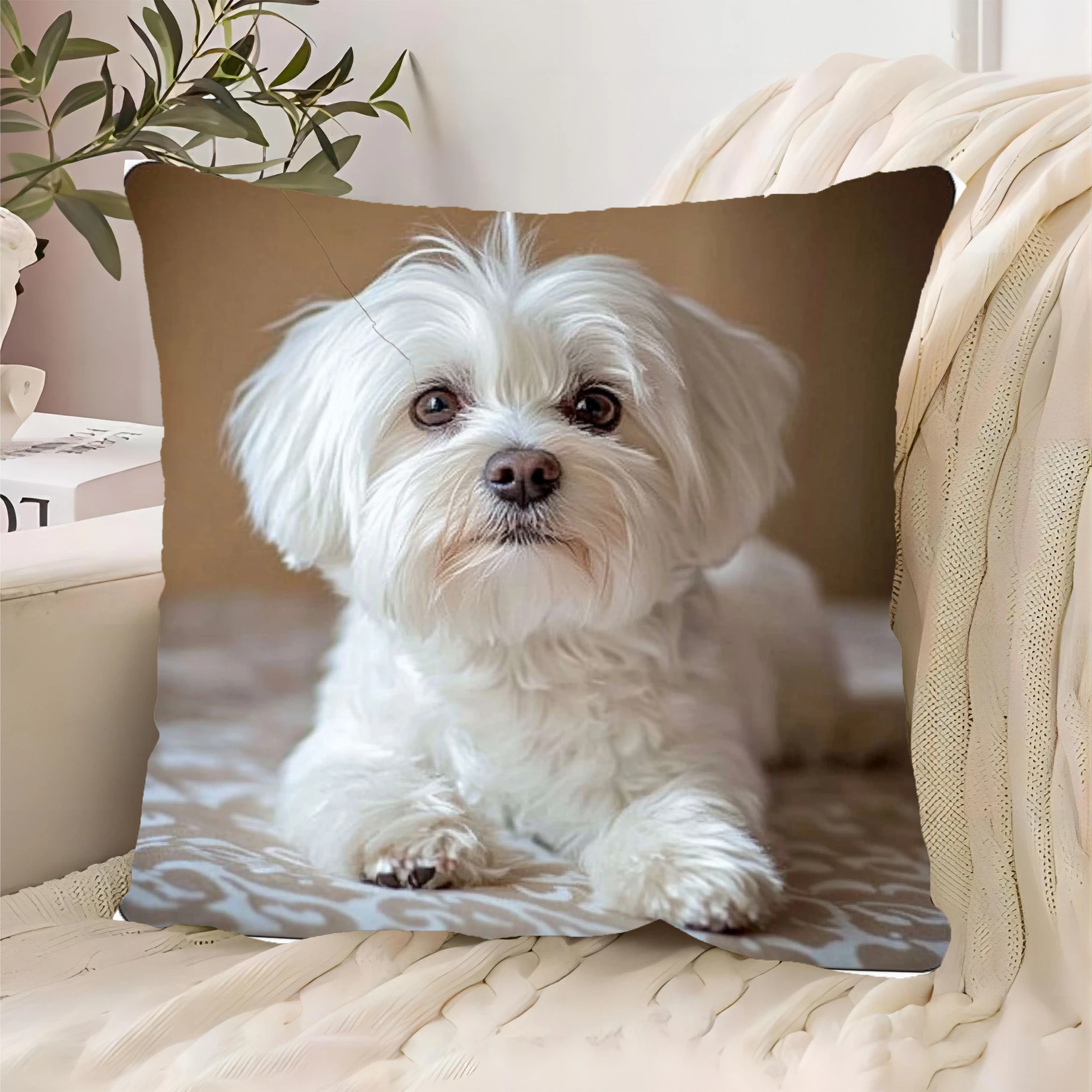 2D single-sided printing super cute Maltese dog pillow cover, home decoration, machine washable, with zipper sealing