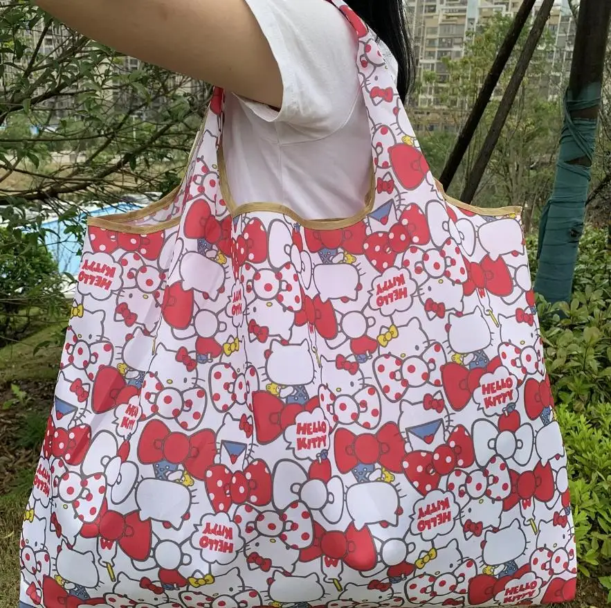 Sanrio Hello Kitty Folding Shopping Bag for Women Cartoon Kuromi Cinnamoroll Large Capacity Polyester Shoulder Bag Girls Tote