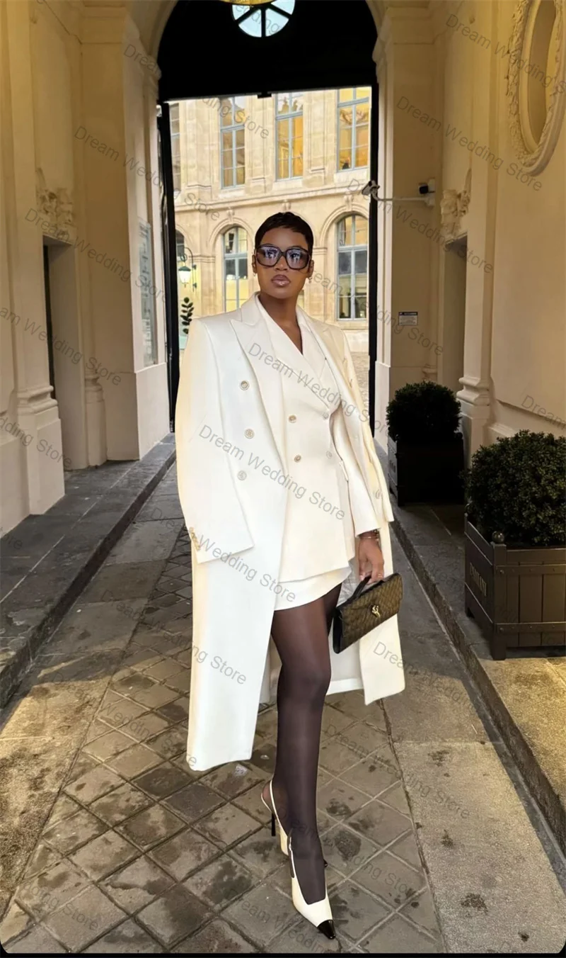 

White Women Suit Set 3 Pcs Blazer+Long Overcoat+Short Skirt Formal Office Lady Jacket Customized Wedding Cotton Prom Coat