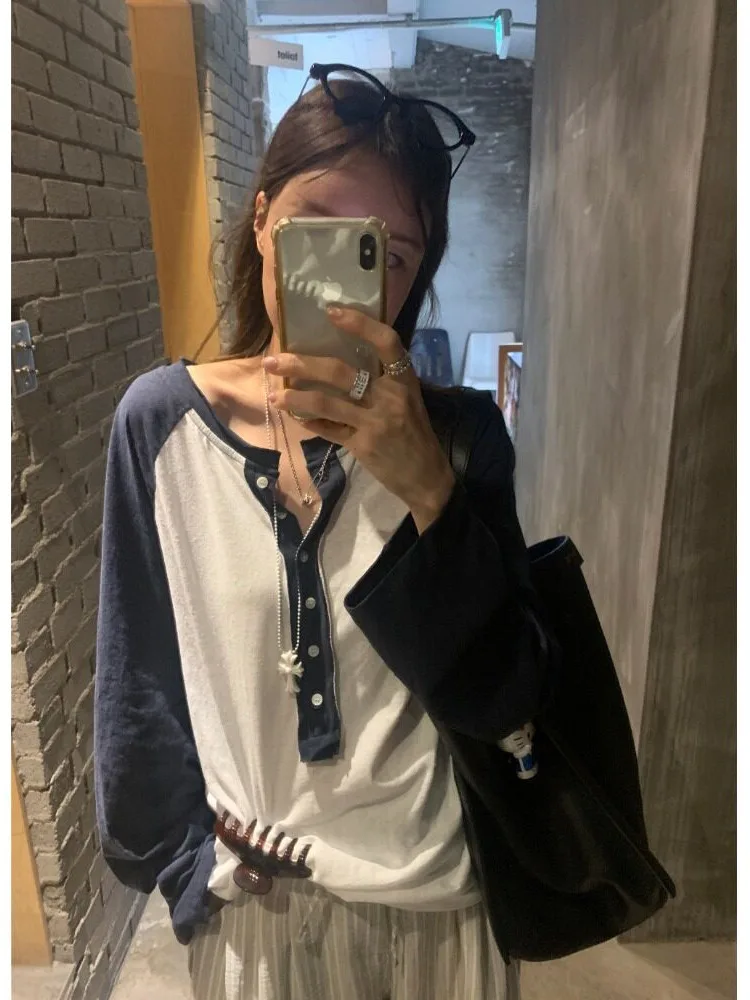 Chic Autumnal Loose Casual Long Sleeve Base Shirt T-Shirt Women's Style Color Block Design Korean Fashion Streetwear