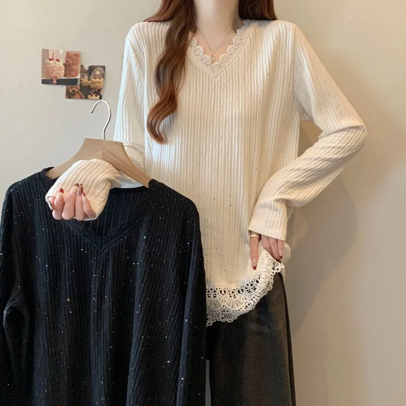 2026年春新作 レディース 長袖Tシャツ キラキラレース パッチワーク Vネック 韓国風 ルーズフィット カジュアルシックブラウス