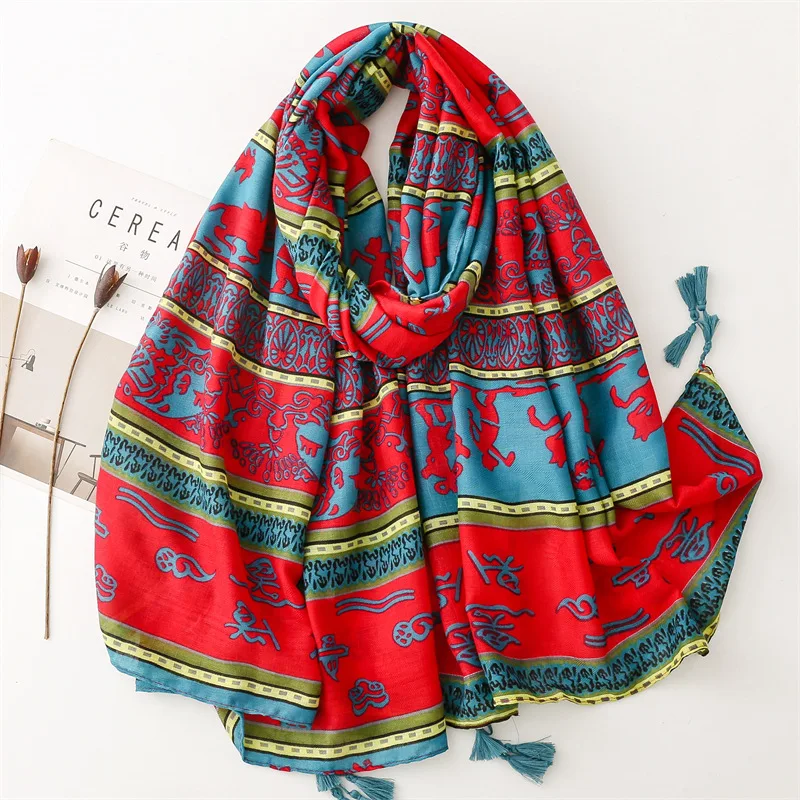 African Indian Ethnic Geometric Floral Tassel Viscose Shawl Scarf