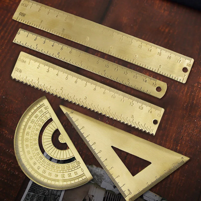 Professional Brass Drafting Set: Triangular Ruler, Protractor, French Curve, Copper Straight Edge Caliper, Vintage Drawing Tools