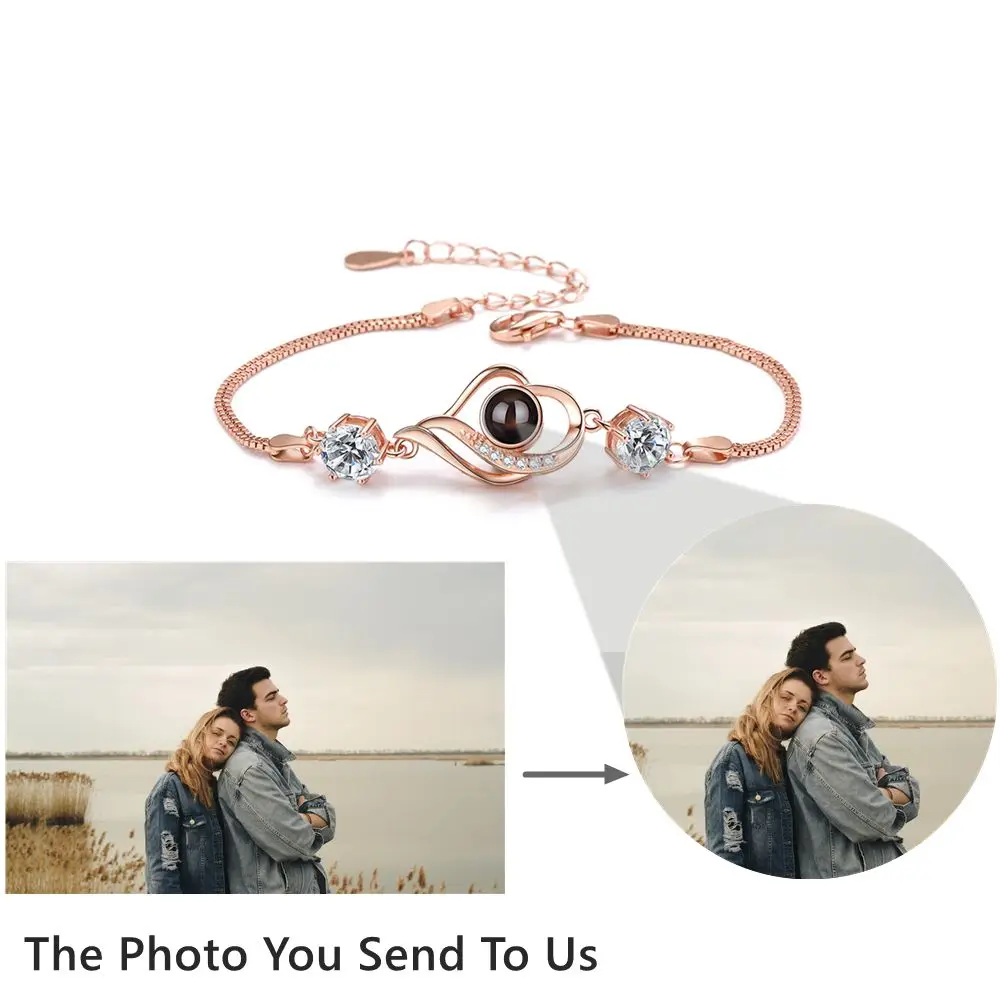 925 Sterling Silver Personalized Custom Photo Bracelets Projection Photo Bracelet for Woman Mom Wife Heart pendant Jewelry