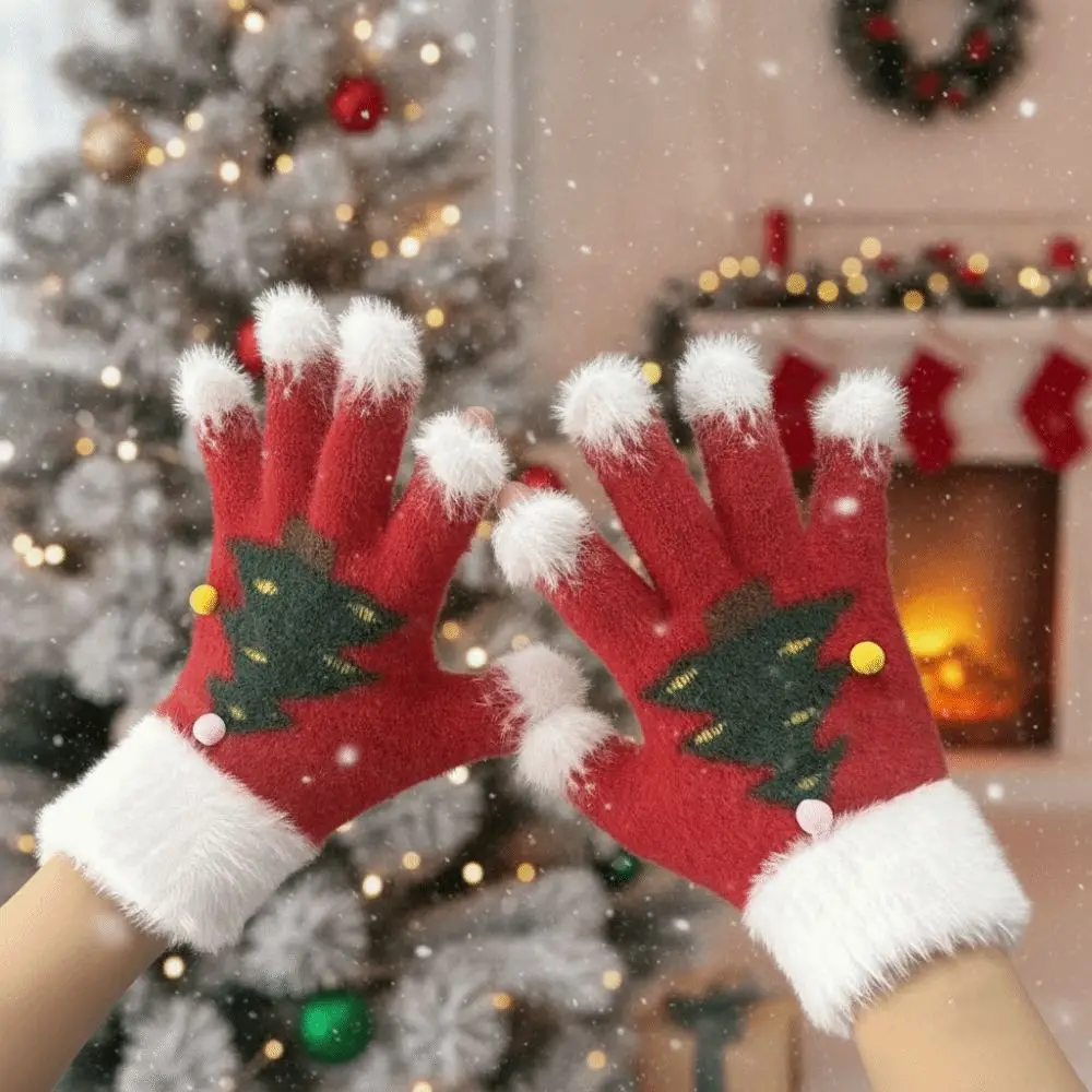 Red Green Christmas Gloves Knitted Woolen Cuff Winter Knit Mittens High Quality Soft Texture Touchscreen Full Finger Adults
