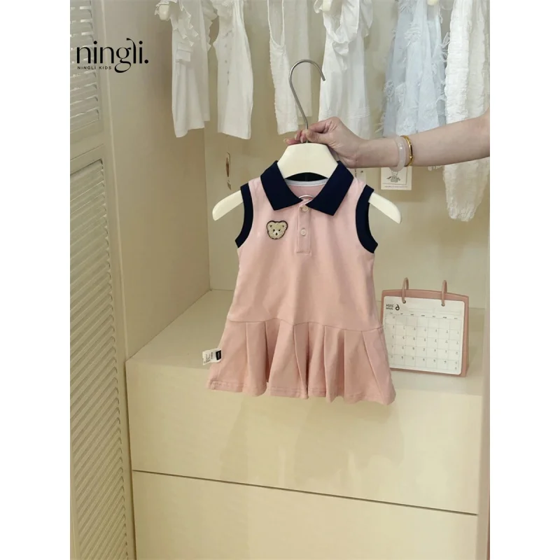 

Girls Fashionable Dress Summer New Children's Preppy StylePoloCollar Sleeveless Vest Skirt Pleated Skirt Tide