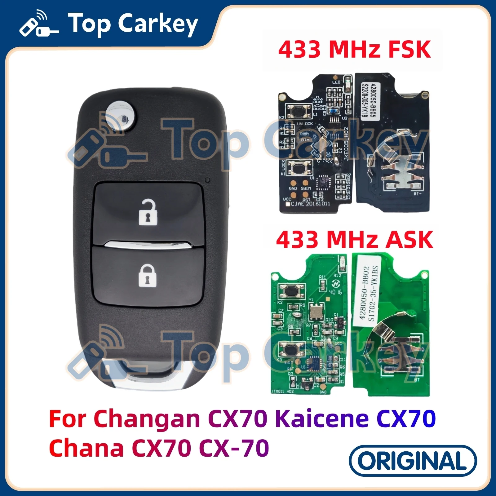 

Оригинальный OEM-брелок с дистанционным управлением TopCarkey, 2 кнопки, 433 МГц, ASK FSK для Changan CX70 Kaicene CX70 Chana CX70 CX-70