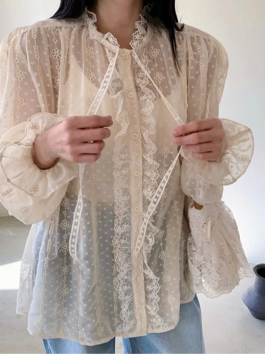 

Ele Sweet Stand Collar Long Sve irt Women's Faion Patchwork Wood ain Lace Drifting Belt High End Feeling