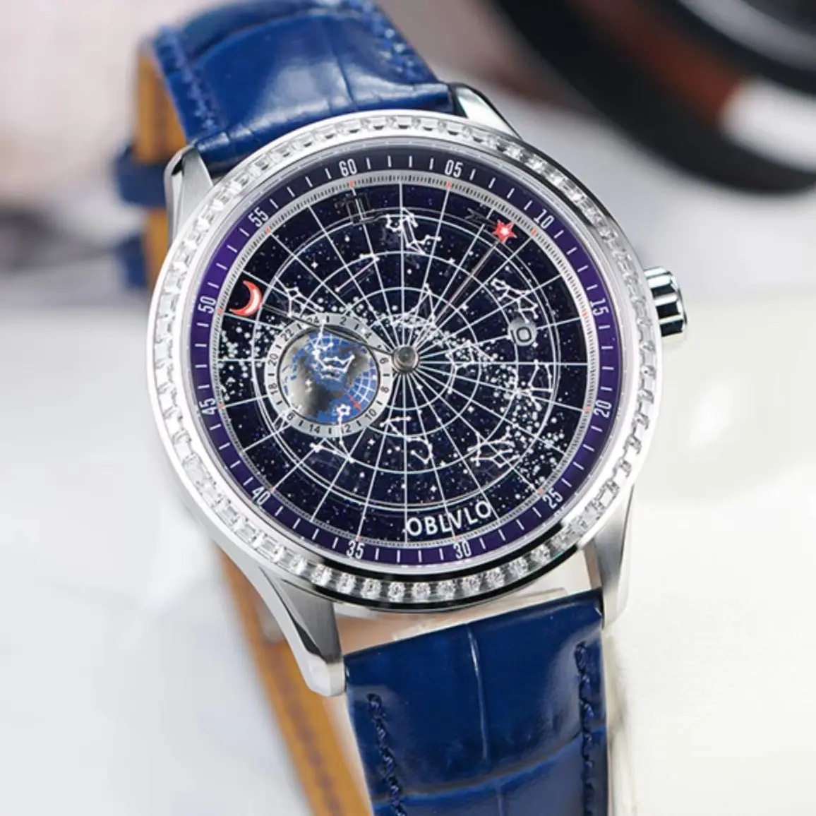OBLVLO Men Automatic Watch 41mm Mechanical Wristwatch Sapphire Mirror Waterproof Luminous Rotate Constellation Dial 24 Hours