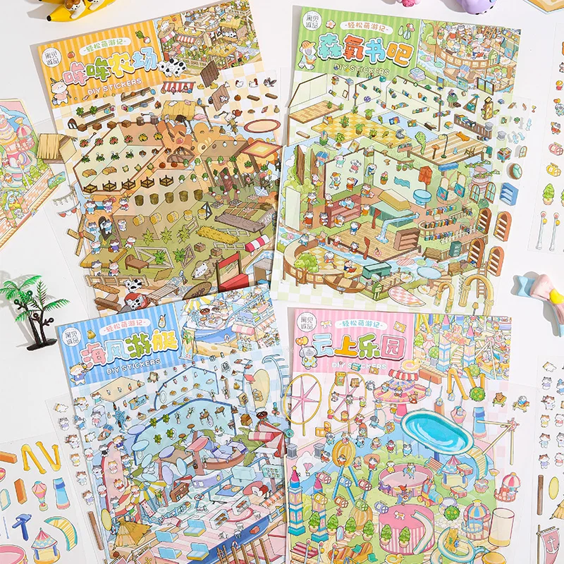 4 Pack Cute Travel Notes 3D Scrapbooking Stickers Set Large Size Landscaping PET Waterproof Scene Material Aesthetic Stickers
