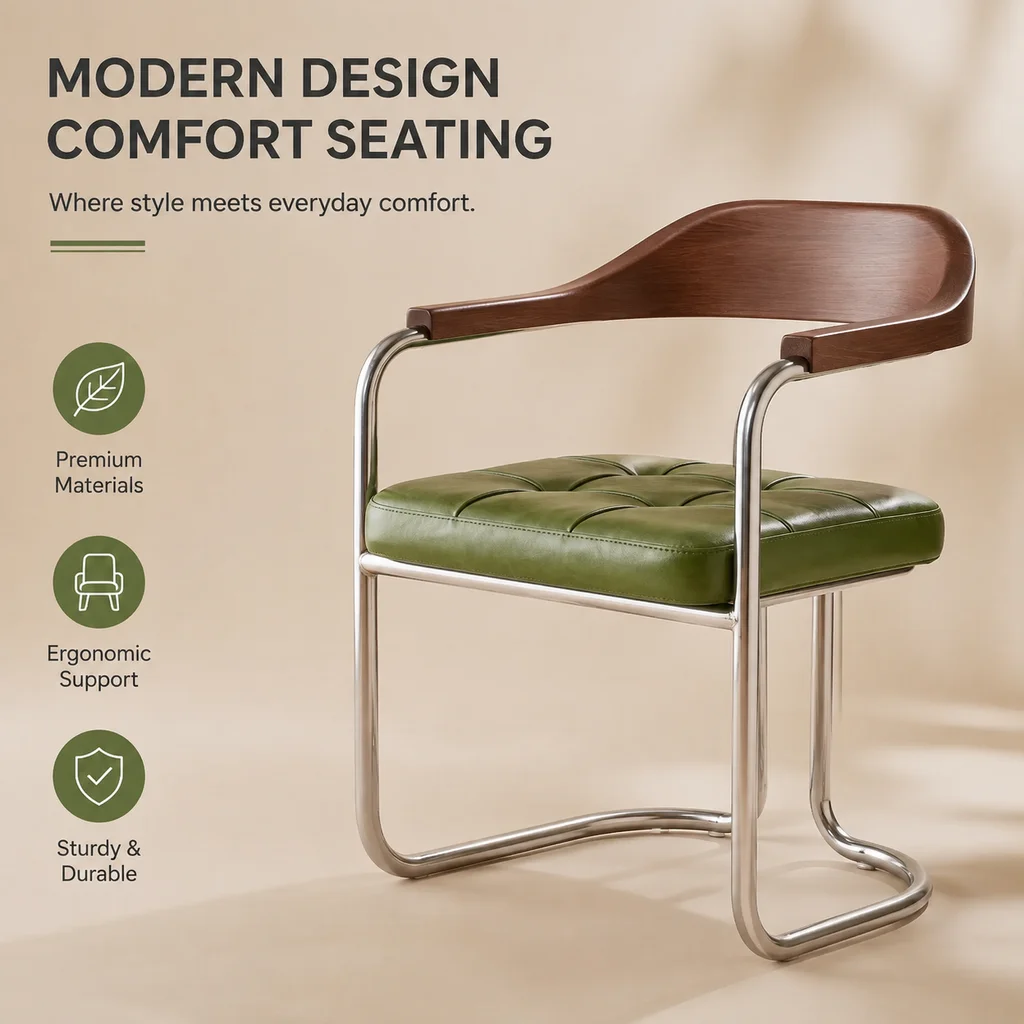 Bauhaus-Inspired Dining Chair with Stainless Steel Frame and Solid Wood Seat – Modern Living Room & Leisure Armchair