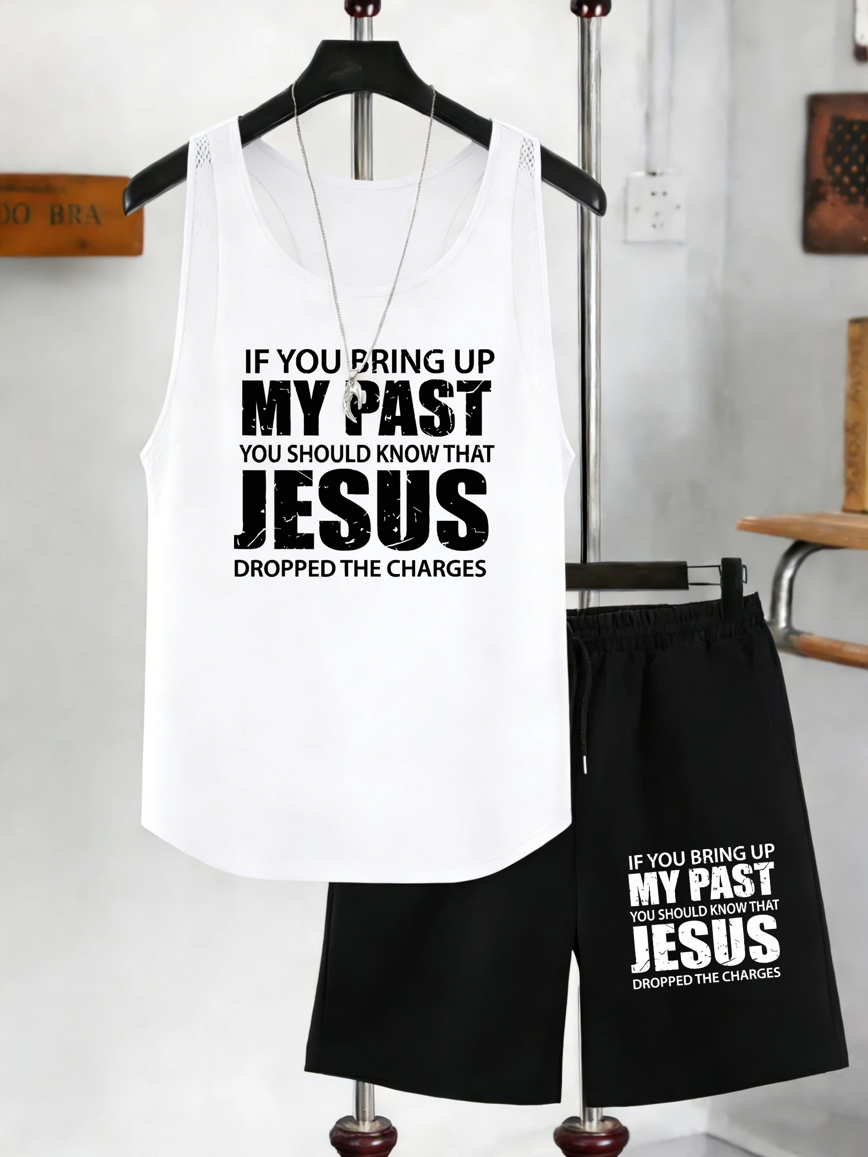 

You Should Know That Jesus Print Men Vest Set Drawstring Wide-Leg Shorts Sleeveless Summer Sportswear Breathable Mesh Tank Tops
