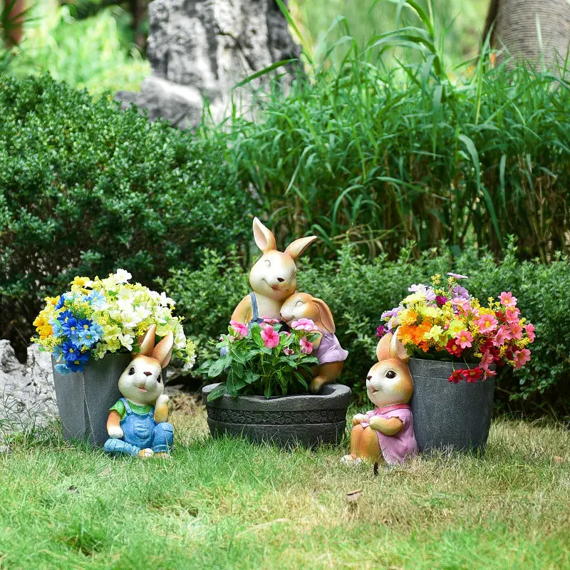 Cute Simulation Cartoon Rabbit Flowerpot Resin Crafts Courtyard Park Lawn Sculpture Outdoor Balcony Layout Figurines Decoration