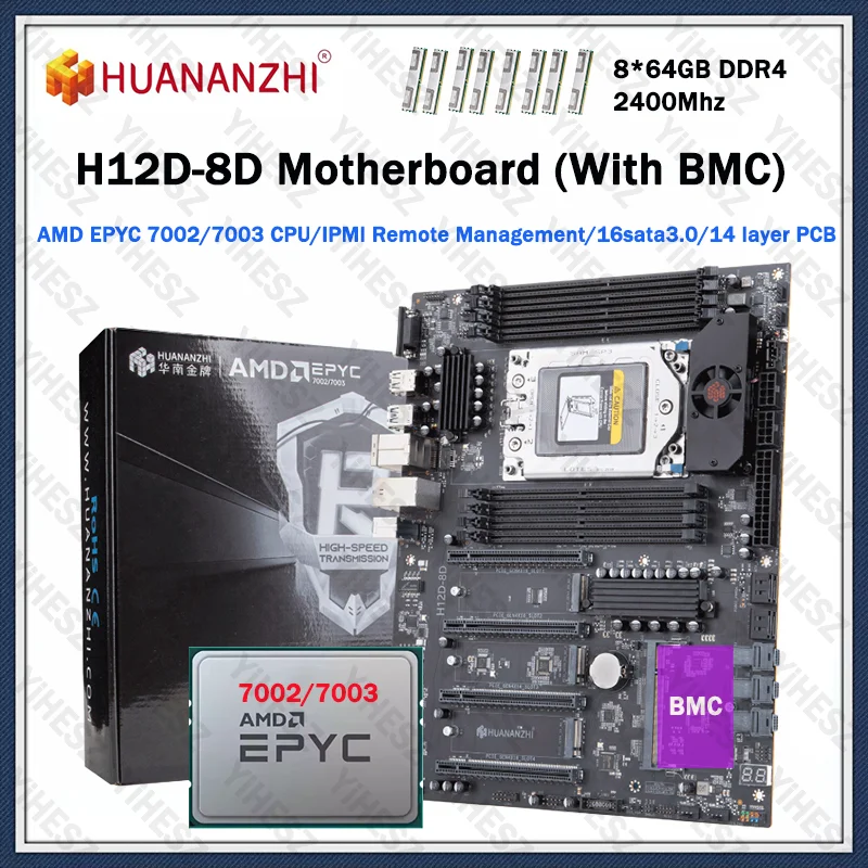 

HUANANZHI H12D 8D AMD Motherboard Set With BMC Module Support AMD EPYC 7002 7003 Series CPU 8*64GB DDR4 2400Mhz Dual 2.5G LAN