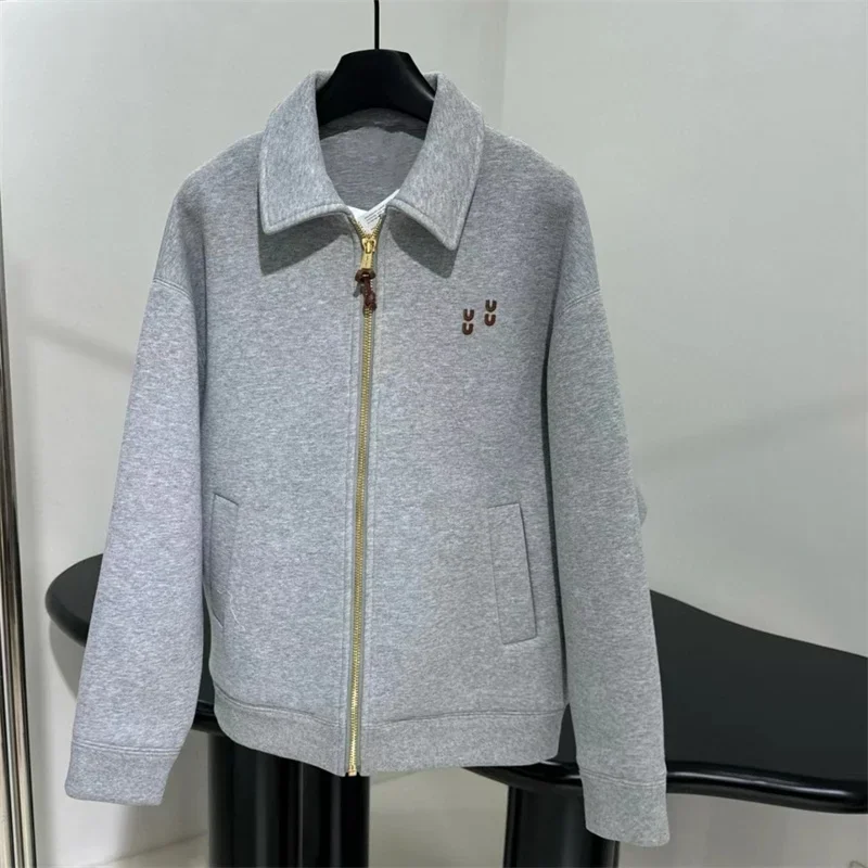 Gray Colour Women Coat u546533 Autumn and Winter New Embroidered Sports Jacket Zipper Turn Neck Design Oversize Sweater Cotton