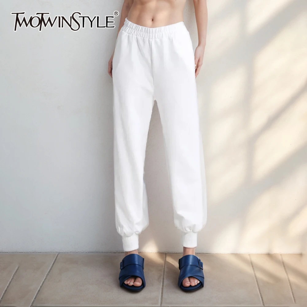 

TWOTWINSTYLE Minimalist For Women High Waist Elastic Gray Solid Sporty Pants Trousers Female 2022 Fashion New Clothing Style