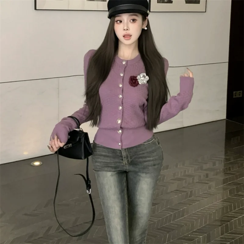 Celebrity Women Black White Purple Sweater Elegant Flower Pin O Neck New Fall Long Sleeve Casual Knitted Cardigan Loose Chic Top