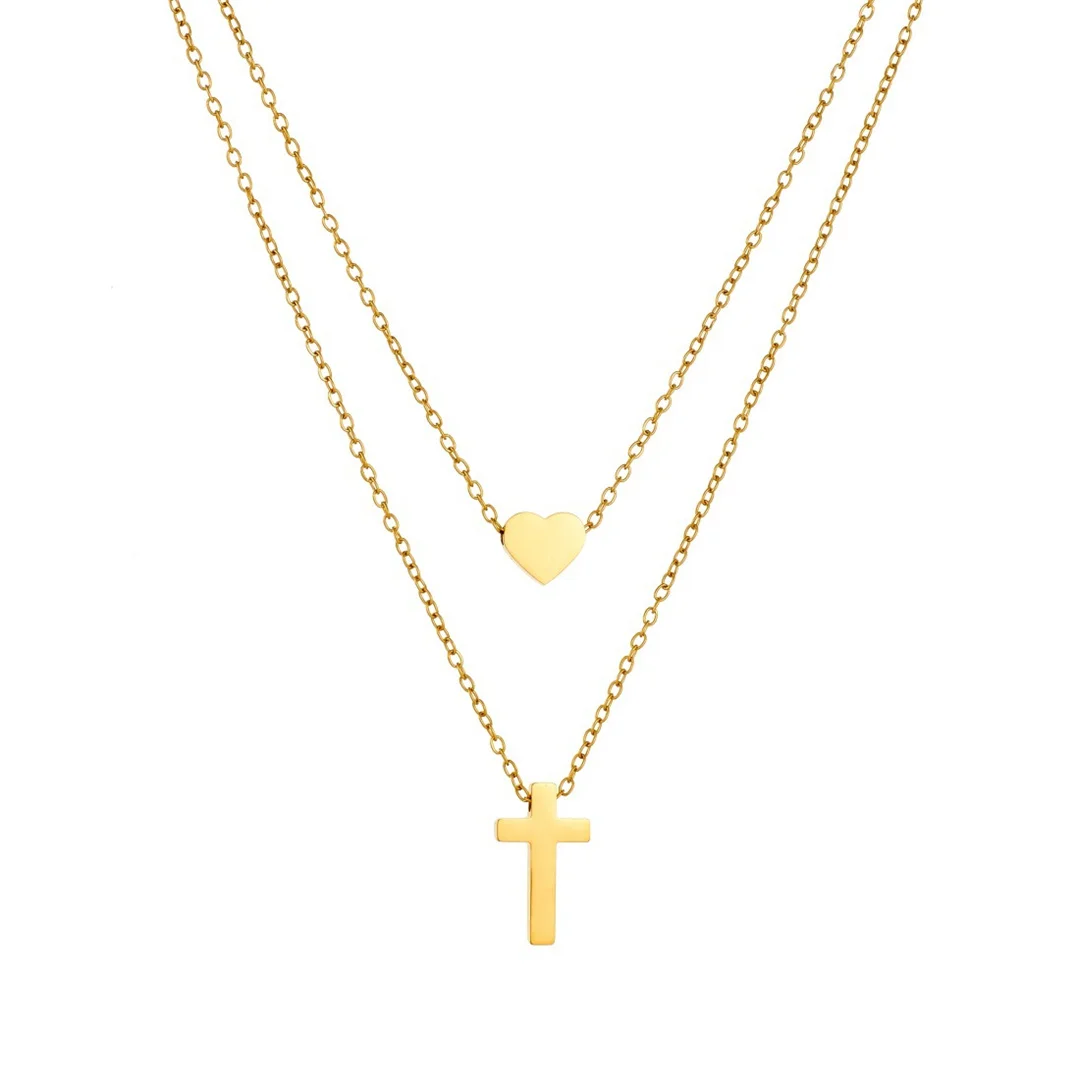Trendy Love Heart Cross Charm Pendant Female Gold Color Stainless Steel Double Layers Chain Link Necklace for Women Jewelry Gift