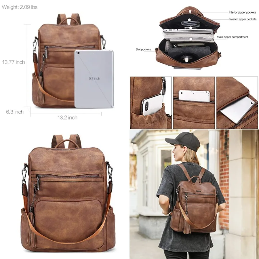 

Backpack Purse for Women Travel Backpack Large Leather Fashion Designer Lady Shoulder Bag with Tassel Brown