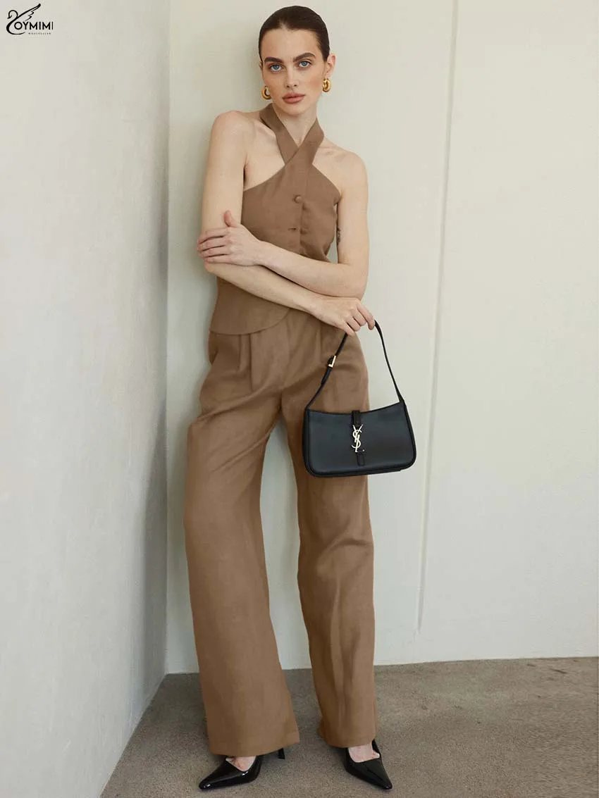 

Oymimi повседневный коричневый комплект из двух предметов, женские модные однобортные топы без рукавов с лямкой на шее и простые комплекты прямых брюк