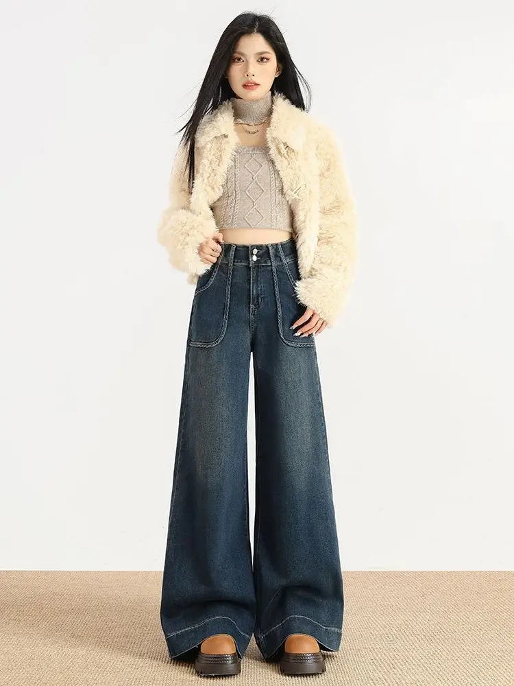 

Deep Blue High Waist Wide Leg Denim Flared Pants Women Tall Size Spring New Loose Floor-Length Jeans Retro Style Cotton Blend