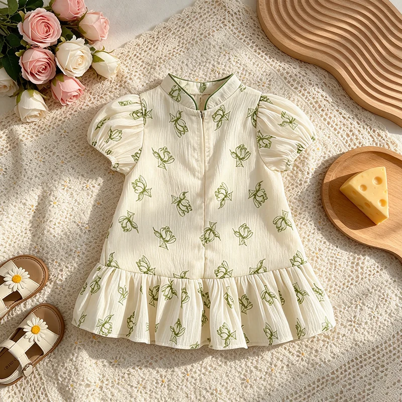 Children Green Floral Print Puff Sleeve Clothes Baby Girls Vintage Oriental Qipao Dress Double Silk Bows Sweet Toddler Costume