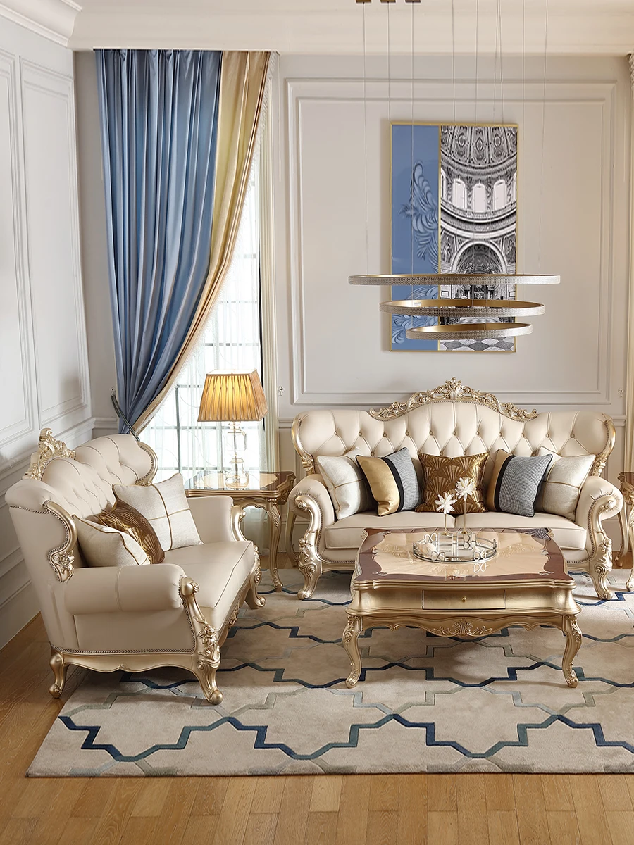 

Servi French light luxury solid wood leather sofa European court carved large flat living room combination