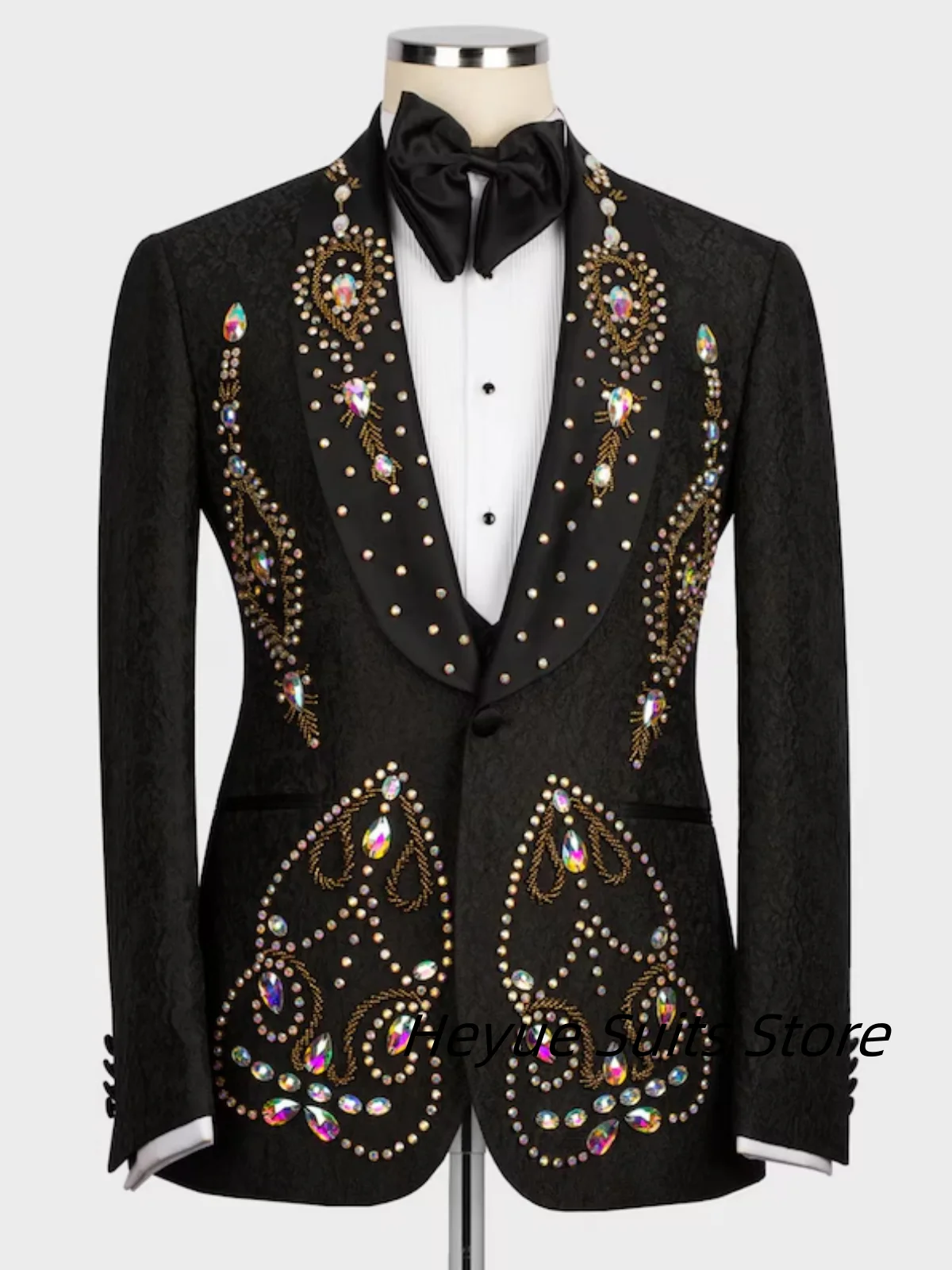 

Crystal Stone Embroidered Customized Groom Tuxedos Slim Fit Shawl Lapel Male Prom Blazers Wedding Party 3Pieces Sets ropa hombre