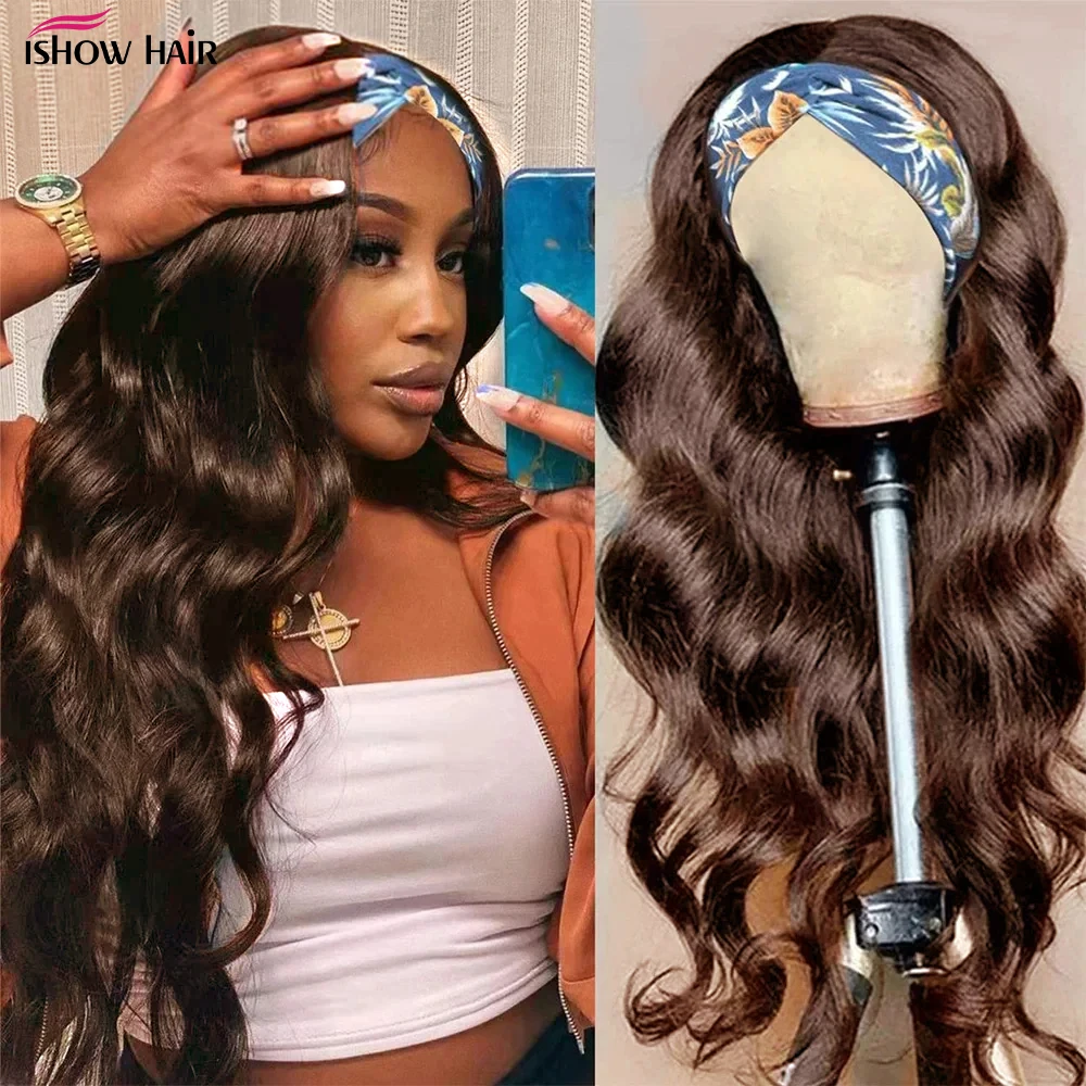 Ishow # 4 براون عقال خصلات الشعر المستعار الإنسان آلة كاملة صنع الباروكات الجسم موجة البرازيلي ريمي 100% وشاح من الشعر البشري شعر مستعار للنساء #1