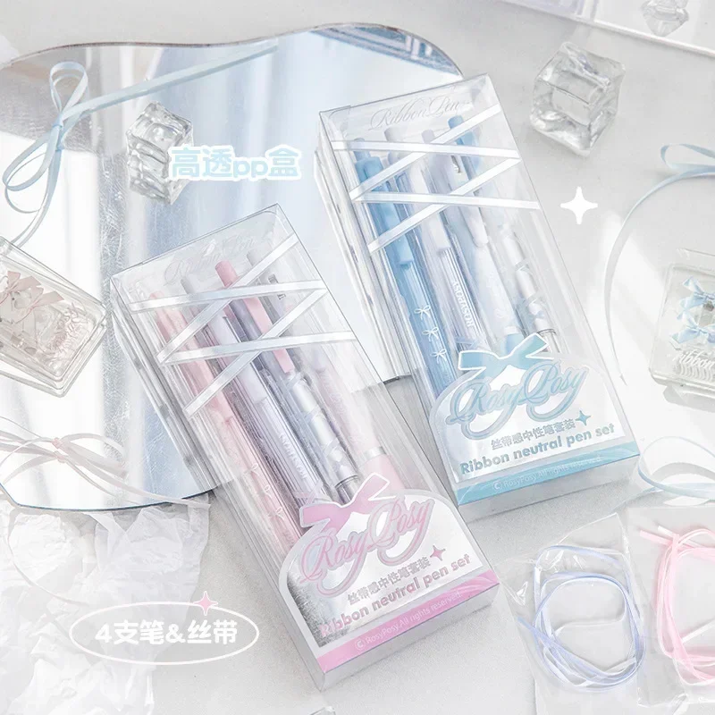 Stylo Gel série Ballet doux pour filles, Chic, coréen, rose, bleu, nœud de couleur, papeterie pour étudiantes, mignon, écriture, 4 pièces/boîte